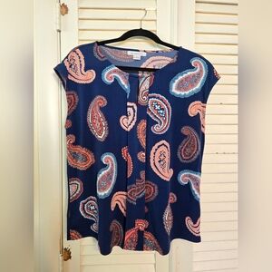 Liz Claiborne Vibrant Navy Paisley Print Top L